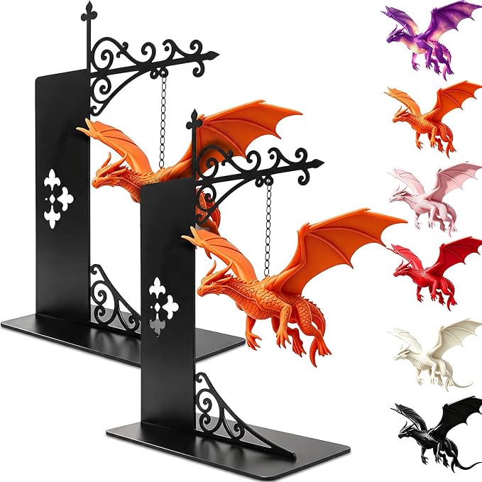 Magical Floating Dragon Bookshelf Lamp, Warm LED Dragon Night Light, Fantasy Gothic Bookend Decor, Reading Nook Ornament, Gift for Book Lovers & Fantasy Fans，Orange+Orange