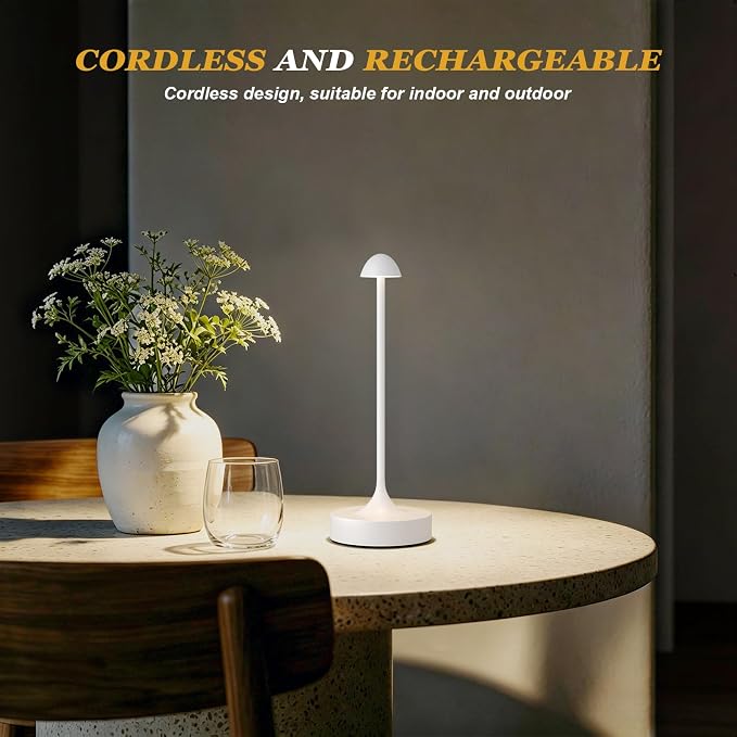 Kakanuo Rechargeable Cordless Table Lamp, Battery Operated Lamps, 3-Color Stepless Dimming, Portable Wireless Desk Lamp, LED Lighting for Dining Room, Restaurant, Office, Bar, Home(White 2 Pack)