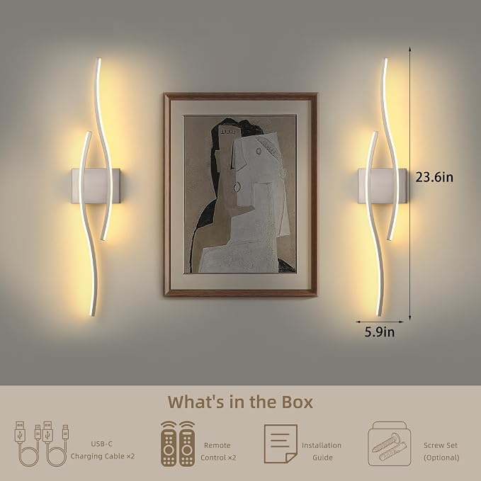 Battery Operated Wall Sconces Set of 2, Dimmable Modern LED Rechargeable Wall Light with Remote Control, Wall Decor for Living Room, Hallway, Quick Install, No Electrician Required 23.6 Inch