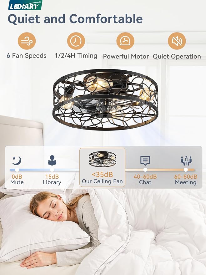 LEDIARY Caged Ceiling Fan with Light, Flush Mount Fandalier with Remote | Low Profile, Farmhouse Small, Bladeless Industrial, Quiet DC Motor, App Control for Bedroom, Kitchen, Dining Room, Black