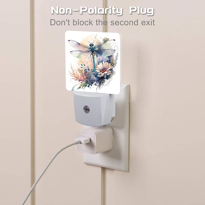 Watercolor Dragonfly Flowers Night Light, Vintage Insect Botanical Floral Leaves Dusk to Dawn Night Light Plug in,0.5w Energy Saving Sleep Friendly NightLight for Kids Boys Girls Home Decor