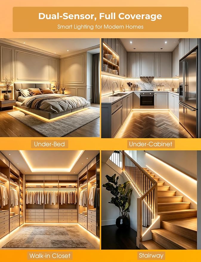 Smart Plug-in Dual Motion Sensor COB LED Strip Light for Under Bed, Under Cabinet, Hallway, Closet, 19.6ft APP Control, 3000K Warm White