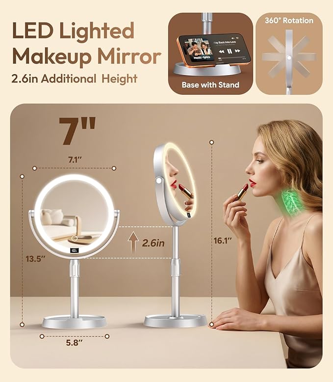 7" ABS Lighted Makeup Mirror with Lights, 1X/20X Magnifying Mirror with Light and Digital Display, 2.6in Height Adjustable, Rechargeable, 3 Color Modes for Makeup & Shaving, Easy to Detach, Women Gift