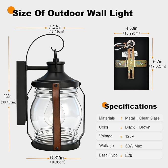 Outdoor Wall Lantern Lights, Black Exterior Wall Sconce Garage Light Fixtures, Farmhouse Outdoor House Lights Wall Mount, Decorative Front Porch Light Waterproof with Barnwood Accents & Glass, 2 Pack