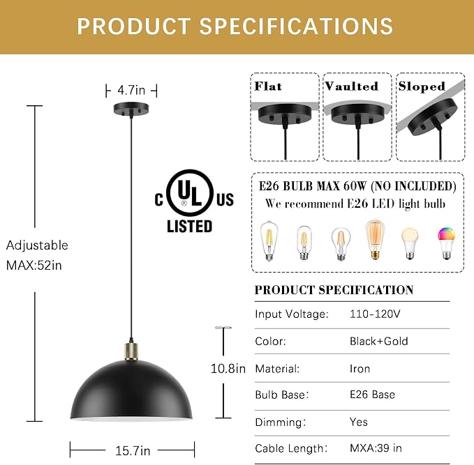Black Pendant Light Fixtures, 15.7 Inch Large Dome Pendant Lighting Farmhouse Vintage Chandelier for Kitchen Island Dining Room