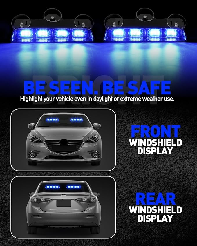 HLauto 2002L Emergency Dash Strobe Lights: Blue Safety Lights, Flashing Warning Hazard Windshield Visor Traffic Light Bars for Trucks, Construction Vehicles (2x8.5 inch, 48LED)