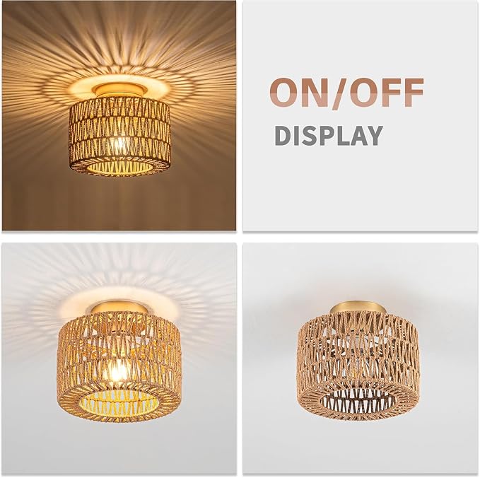 Rattan Ceiling Light, Gold Semi Flush Mount Ceiling Light, Boho Light Fixture for Bedroom Entryway Hallway, 1 Light