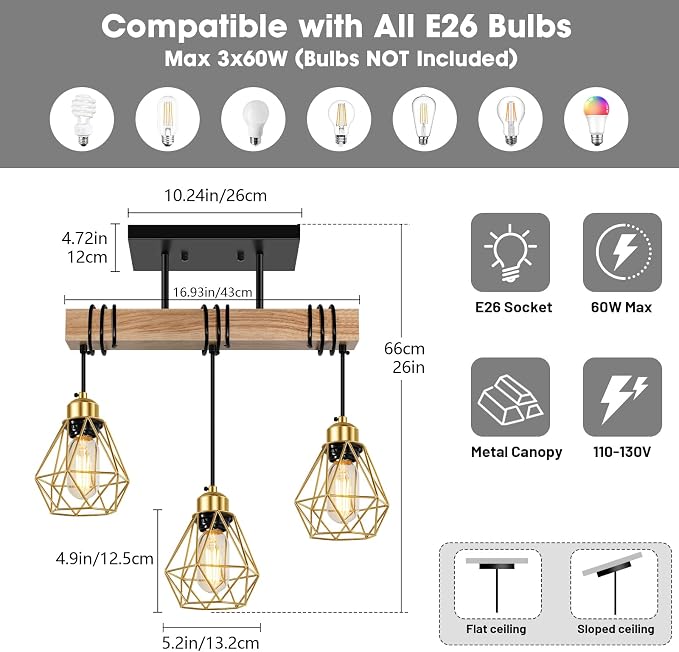 3-Lights Dining Room Light Fixture Over Table, Wood Kitchen Island Lighting Hanging, Farmhouse Chandelier for Dining Room, Black Pendant Light Fixtures with Gold Metal Cage for Bar Restaurant