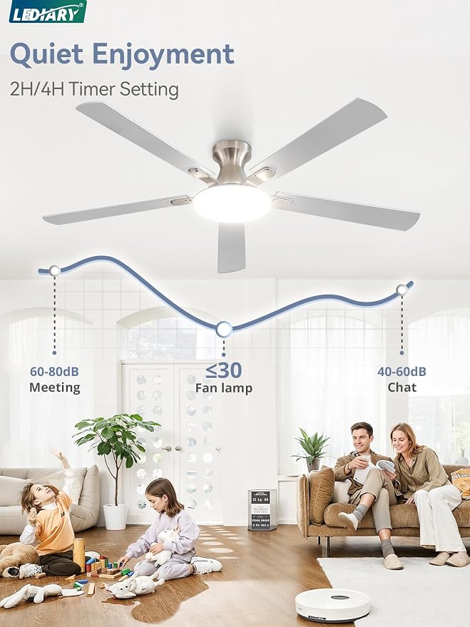 LEDIARY 60 Inch Flush Mount Ceiling Fans with Lights, Remote & APP Control | 3CCT,Stepless Dimmable,Memory Function,Timer,6-speed,Reversible Blade, Quiet DC Motor, Damp-Rated, Living Room, Covered Patio