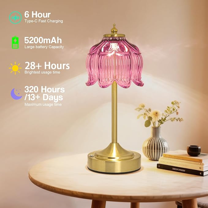 Cordless Table Lamp, Rechargeable Purple Glass Lotus Flower Lamp | 5200mAh touch lamp with 3 color modes and stepless dimming, battery operated lamp for nightstands and kitchen counters