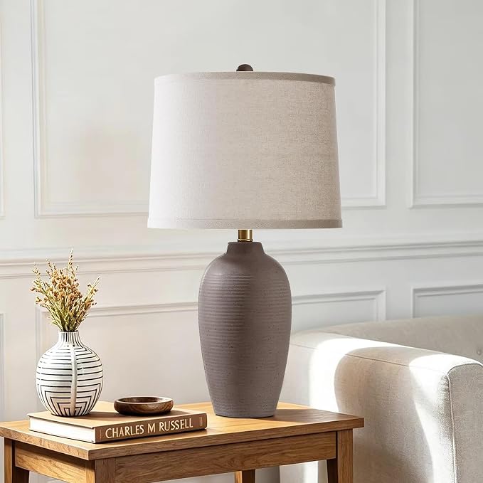 AIEAMPDO 25" Farmhouse Ceramic Table Lamp for Bedroom Living Room | Rustic Bedside Lamp with Linen Shade and Traditional Rotary Switch, Neutral Nightstand Lamp for Office, Bulb Included