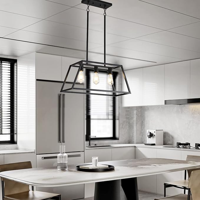 Kitchen Lighting Fixtures Ceiling Hanging Modern Linear Hanging Matte Black 3-Light Industrial Pendant Lighting for Kitchen Island