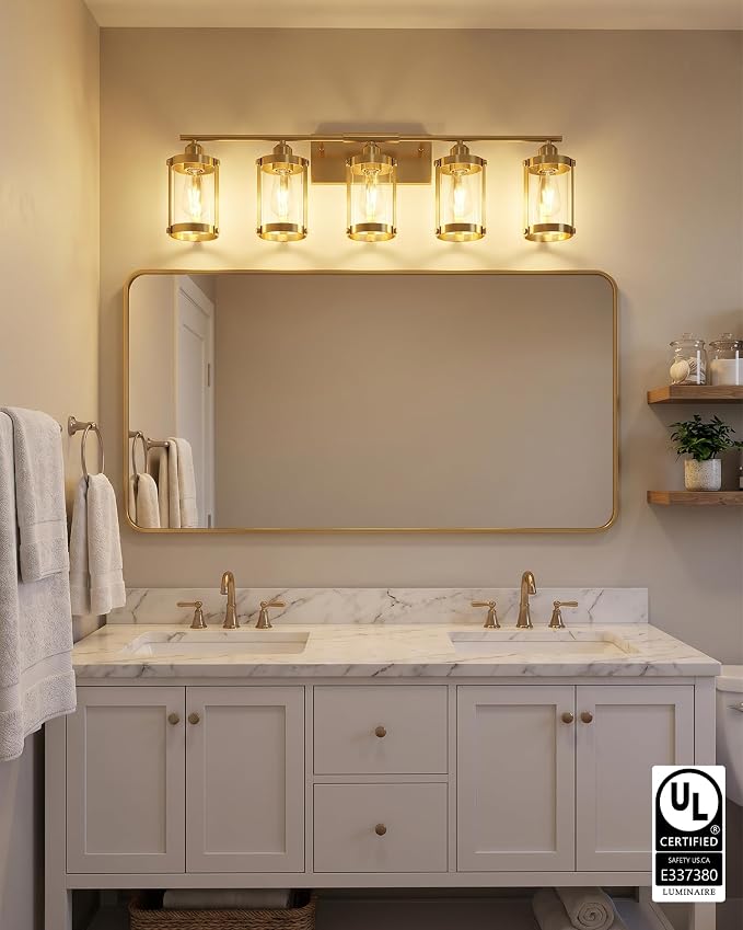 5-Light Brushed Gold Bathroom Light Fixtures Over Mirror with Clear Glass and Metal Cage Shade, 38" UL-Listed Modern Farmhouse Wall Sconce for Bath, Hardwire E26, OS-3014BG-5W