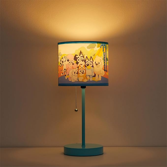 Bluey Table Lamp for Kids,Stick Lamp with Printed Shade & Pull Chain,Bedroom or Nursery Nightstand Lighting,Official Bluey Merchandise
