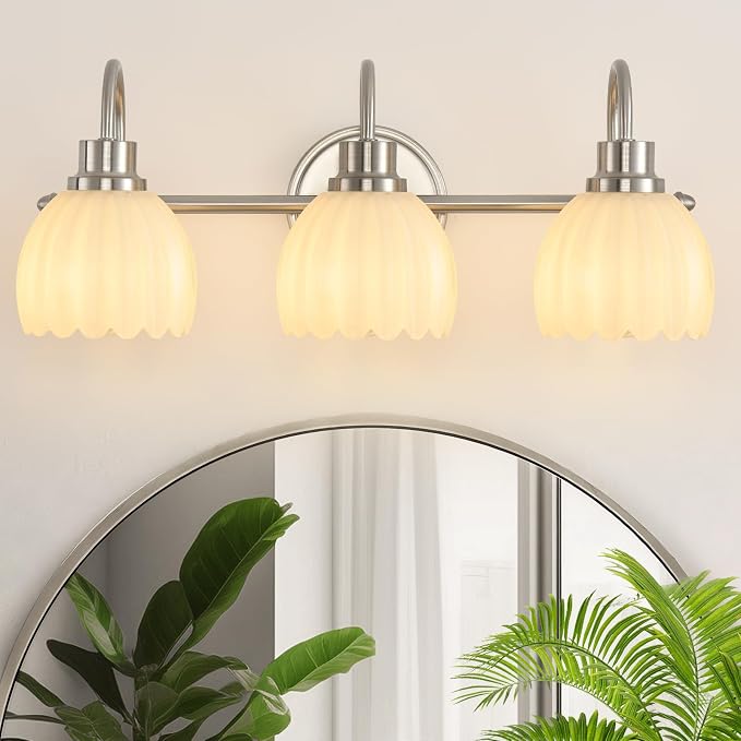 Bathroom Light Fixtures(3-Light, 20 Inch), Brushed Nickel Vanity Lights for Bathroom with Ribbed White Tulip Glass Shade, Vintage Vanity Wall Lights for Mirror Bedroom Living Room Hallway