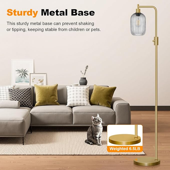 【Upgraded】 Dimmable Floor Lamp for Living Room with Gray Ribbed Glass Lampshade, Gold Modern Floor Lamp with 900LM LED Bulb Included, Arc Standing Tall Lamp for Bedroom, Office, Reading Room, Corner