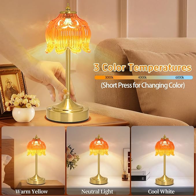 Cordless Table Lamp, Rechargeable Honey Glass Lotus Flower Lamp | 5200mAh touch lamp with 3 color modes and stepless dimming, battery operated lamp for nightstands and kitchen counters