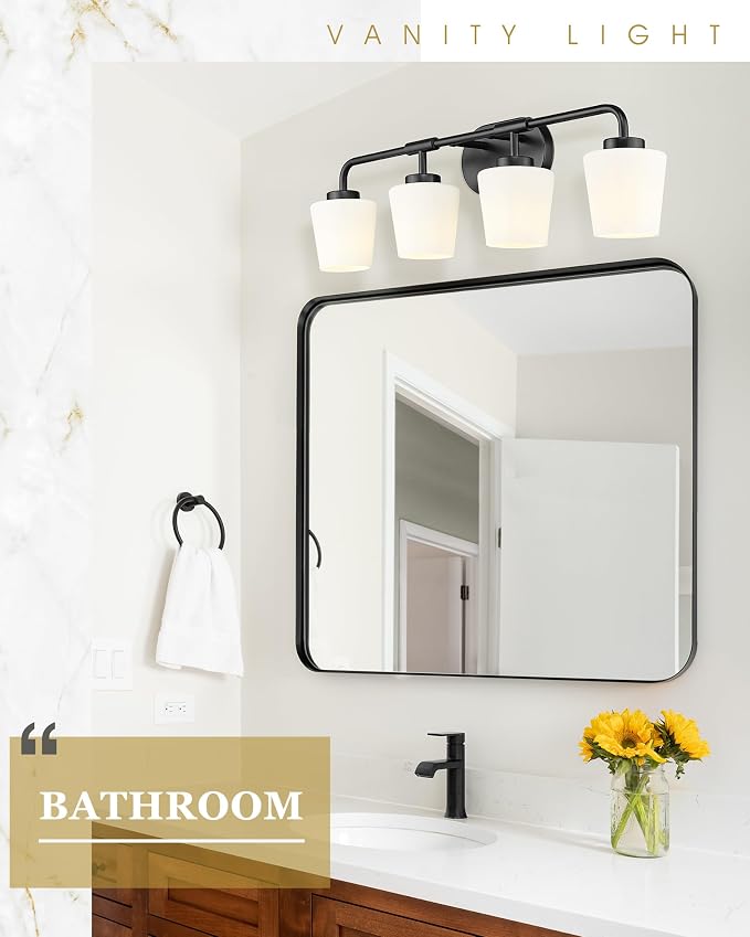 4-Light Black Bathroom Light Fixtures Over Mirror, White Glass | Vanity Lighting Fixtures with Milk White Glass, Vintage Farmhouse Wall Sconces Lighting, AD-22004-4W-BK