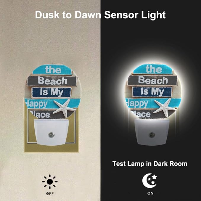 Coastal Starfish Night Light The Beach is My Happy Place Night Lights Plug into Wall for Boys Girls, Plug-in Nightlight 0.5W LED Lighting for Stairway Hallway Bedroom