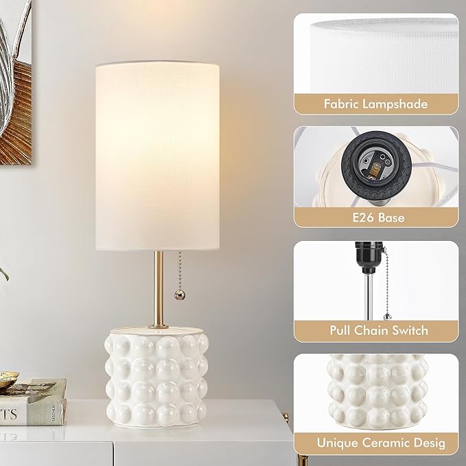 GyroVu Ceramic Small Table Lamp Set of 2, Adjustable Color Temperature Bedside Nightstand Lamps with Pull Chain for Bedroom Living Room Reading, White, 2 Bulbs