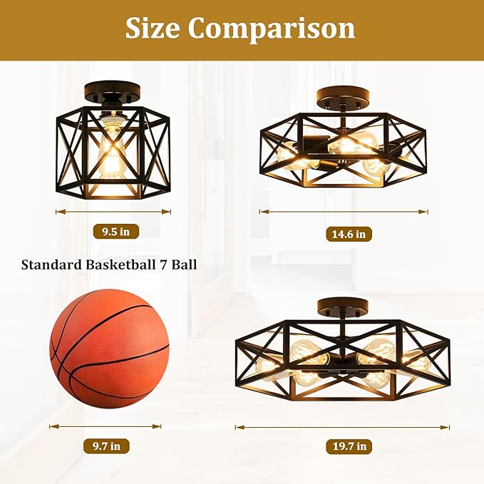 Modern Farmhouse Black Ceiling Light,Industrial Semi Flush Mount Ceiling Lighting Fixture,hexagonal Lighting Fixtures for Kitchen,Bedroom,Foyer,Living,Dining Room,Laundry Room,6-Light,19.7 Inch