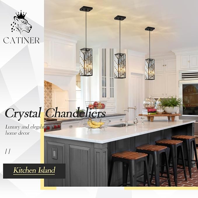 CATINER Black Crystal Pendant Light 3-Pack, Mini Hanging Light, E26 | Black crystal pendant lights 3-pack with adjustable 70.8" cords, E26 base, dimmable for kitchen island lighting