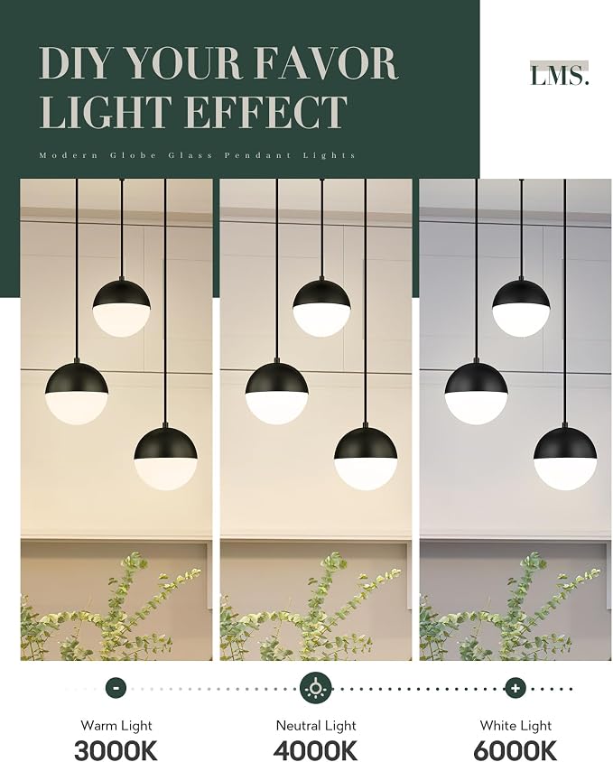 Mid Century 3-Light Cluster Pendant Lights, Matte Black Kitchen Island Light Fixtures with White Globe Glass Shade, Adjustable Hanging Light for Home Office Bathroom Dining Room, LMS-186BK3