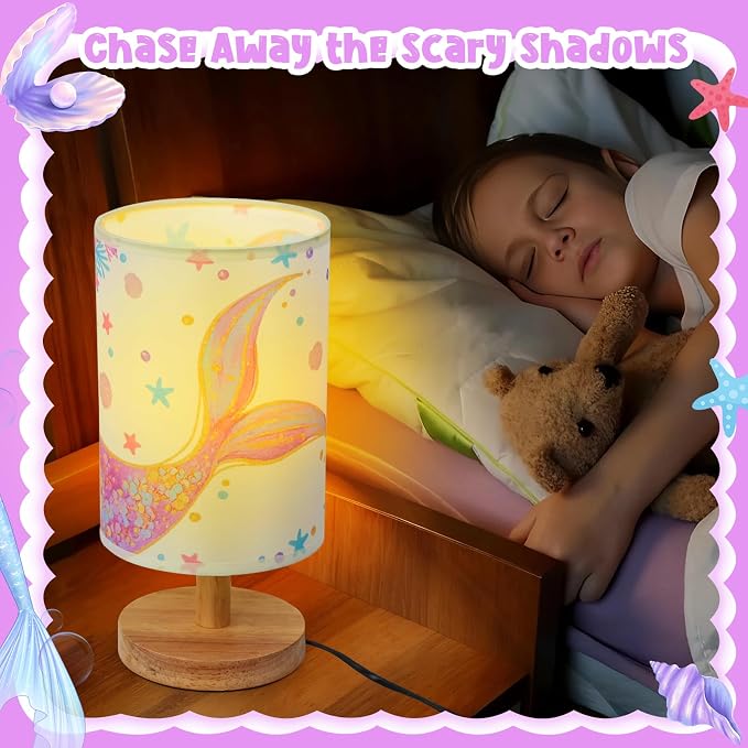 Mermaid Table Lamp for Kids Bedroom - Mermaid Tail Pastel Kids Bedside Lamp with Linen Wooden Nightstand Nursery Lampshade for Girls Room Decor
