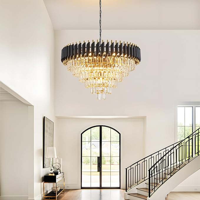 Modern Crystal Chandeliers 6 Tiers for Dining Room 16-Light Black and Gold Chandelier Living Room Round Contemporary Ceiling Hanging Light Pendant Light Fixture for Entryway Foyer Staircase