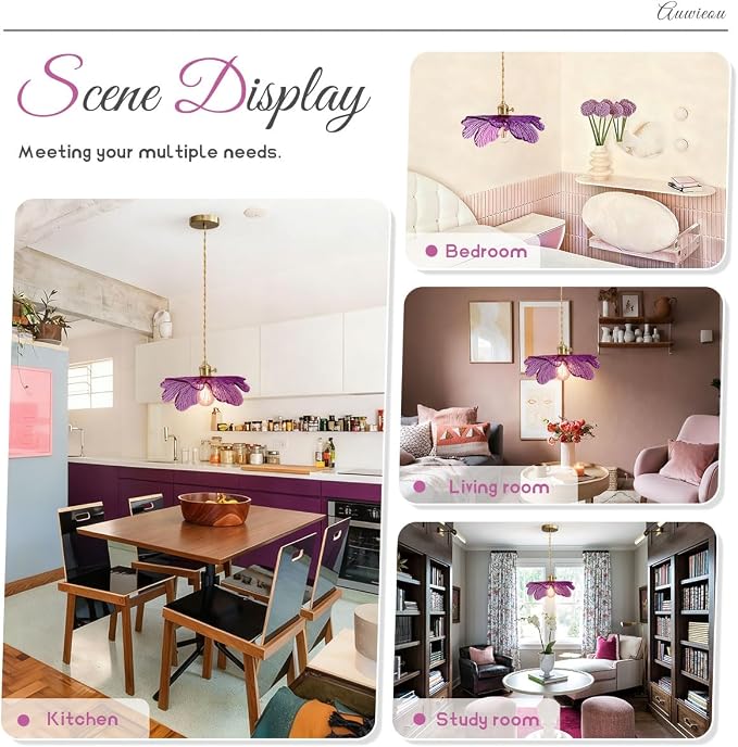 Modern Pendant Light for Dining Room, Purple Glass Leaf Shade | Mid Century Pendant Lights For Ceiling, Brass E26 Base, Gold Hanging Lamp Adjustable Height Vintage kitchen island Lighting