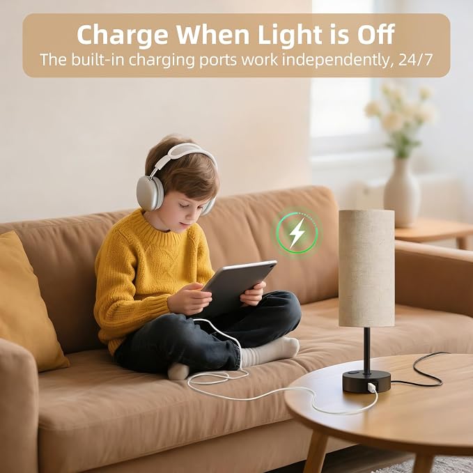 Table Lamp for Nightstand, High-Sensitivity Touch, 3-Level Dimmable Bedside Lamp with AC Outlet | USB | and USB-C, Ideal Night Stand Lamp for Bedroom (2, Beige&Black)
