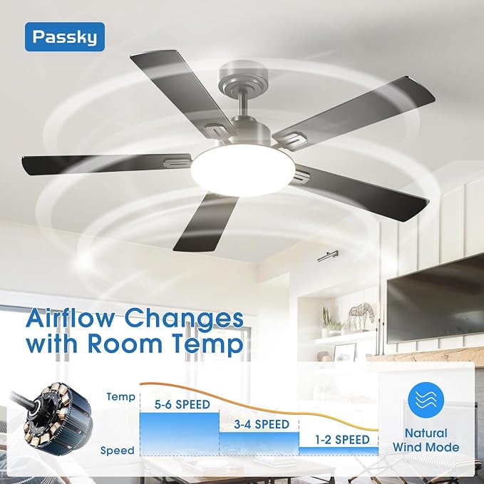 Passky Ceiling Fans with Lights, 52 inch Sleek Ceiling Fan with Light and Remote Control, 3CCT, Dimmable, Reversible, Noiseless, Black Ceiling Fan for Bedroom, Living Room | 3-color dimmable light, quiet reversible DC motor, easy install, memory, Timer...