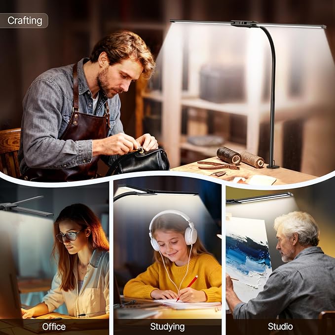 Syrinx LED Desk Lamp for Office Home – Eye Caring Dual Head Desk Light with Flexible Goose-Neck, Clamp, Gesture/Wired Control, 50 Lighting Modes with Memory/Timer, Table Lamp for Study, Drafting