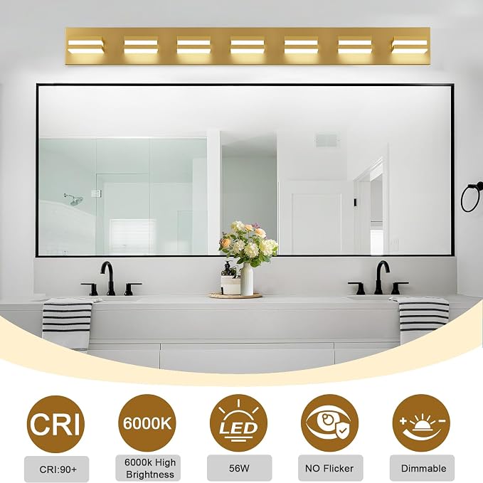 IZORRO LED Modern Bathroom Lights Fixtures(7-Light,Dimmable,360°Rotate),Brushed Glod Acrylic Wall Lighting,Vanity Lights for Bathroom Over Mirror - 6000k 40In （No Assembly Required）