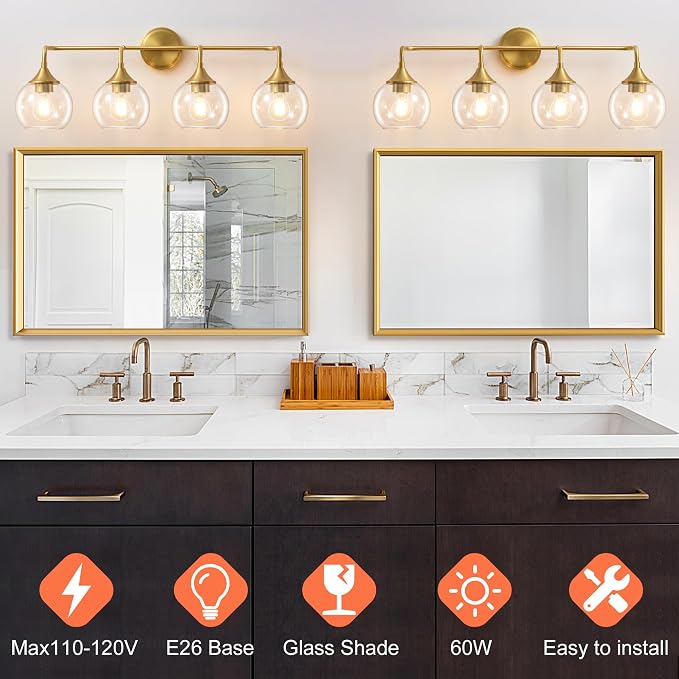 Bathroom Vanity Lights Gold 4 Light Modern Vanity Light 31" | Farmhouse Bathroom Light Fixtures Over Mirror, Thickened Clear Glass Shade, UL E26 Dimmable Vanity Lighting Fixtures