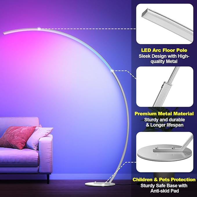 RGB Floor Lamp with 3 Color Temperatures, Ultra Bright 1800LM Smart Arc LED Floor Lamp with Remote Control, Music Sync, Scene Modes, Modern Standing Tall Lamp for Bedroom Living Room-Brushed Nickel
