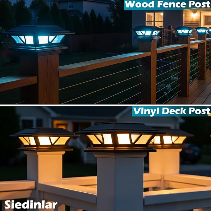 SIEDiNLAR Solar Post Lights Outdoor 2 Modes LED Deck Fence Cap Light for 4x4 5x5 6x6 Posts Patio Garden Decoration Warm White/Cool White Lighting Black (10 Pack)