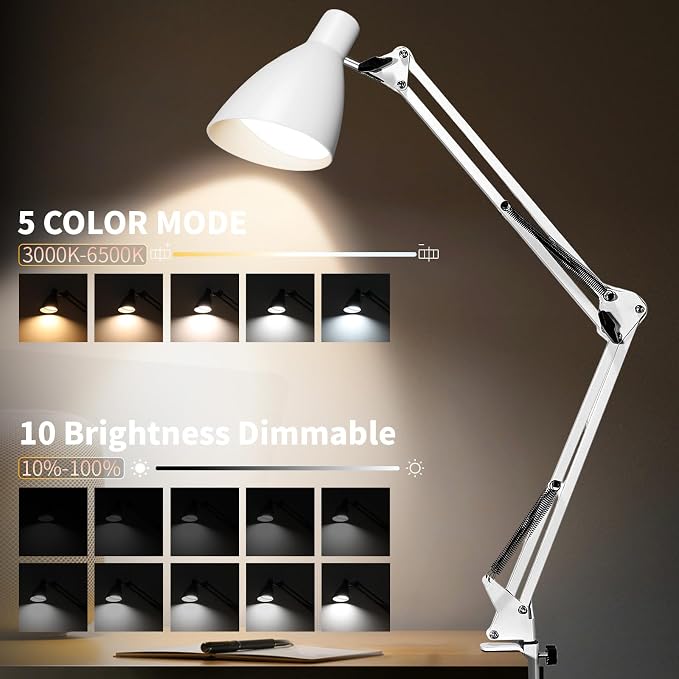 Swing Arm Desk Lamp with Clamp, Adjustable Arm LED Clamp on Desk Lamps with 5 Color Modes and 10 Brightness for Home Office Reading Drafting Study (White)