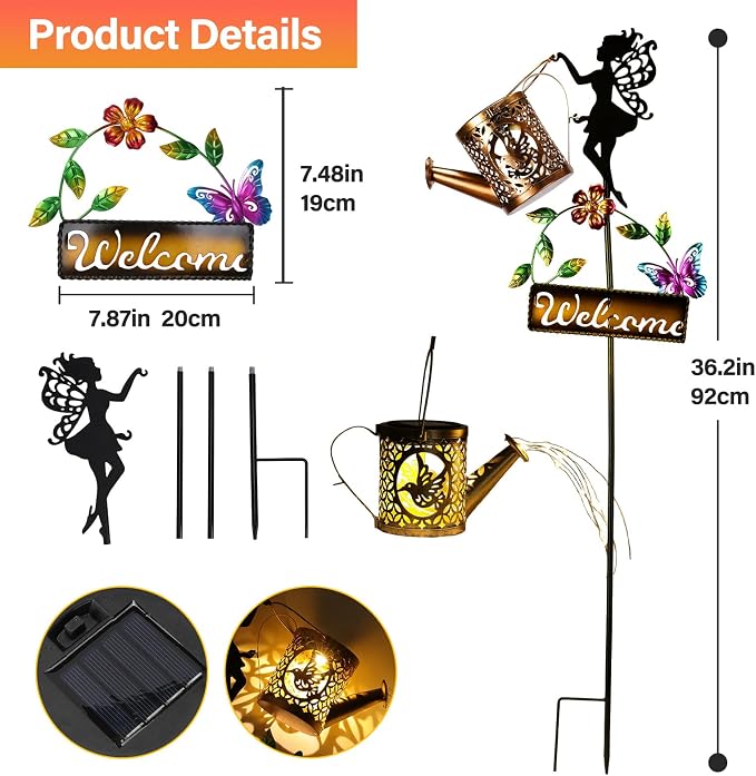 ZKLiLi Solar Hummingbird Watering Can Gifts with Lights,Outdoor Garden Fairy Welcome Sign Decor Waterproof for Patio Yard Porch Lawn Pathway Walkway Statues Gifts for Mom Grandma Women