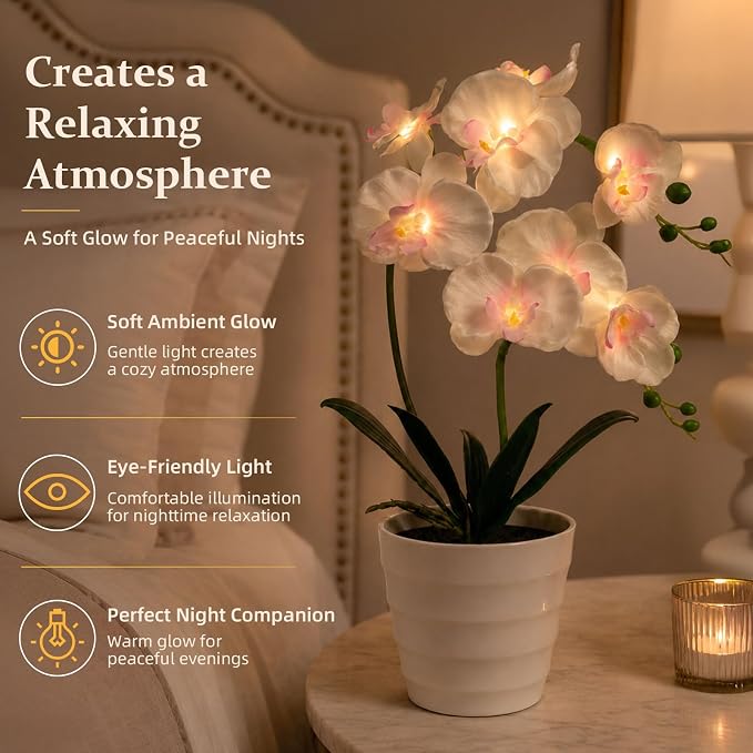 Orchid Artificial Flowers Lamp LED Night Light Home Decor | realistic orchid design, soft warm led glow, artificial flowers decor, night light, bedroom decor, desk lamp, home decoration