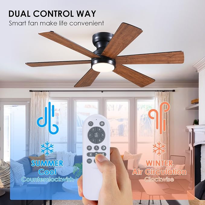 Asyko 46"Brown 6-Blade Modern Low Profile Ceiling Fan with Light and Remote | 6 Double-Sided Blades,6 Wind Speeds, Reversible,Dimmable 3 CCT LED Light, 25W Quiet DC Motor,1/2H Timer,for Bedroom Kitchen