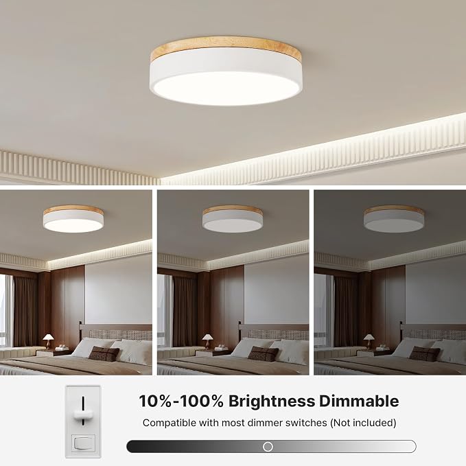12" Minimalist White and Wood LED Flush Mount Ceiling Light Fixture | Natural Wood Accent, Integrated LED, 5CCT Before Installation, Slim Low-Profile Design, Minimalist Modern Style, Compact Size