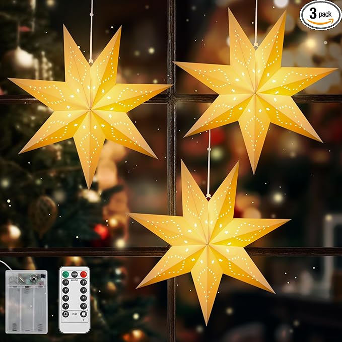 Lewondr Christmas Paper Star Lantern 3 Pack, Hanging Star Lights with Remote Control, Led Paper Lanterns with 6H Timer for Holiday Home Decoration