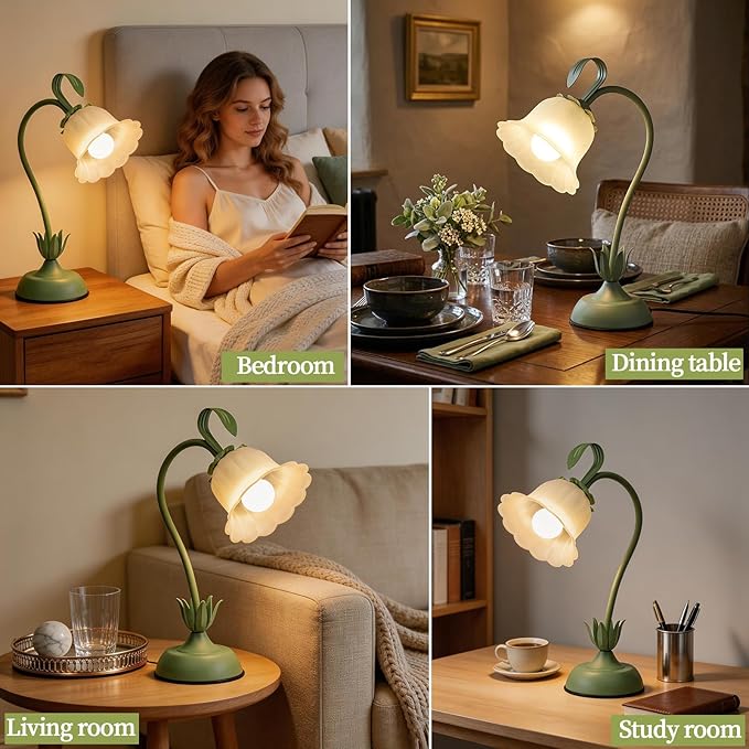 Tulip Flower Table Lamp, 3 Color Temperature Flexible Gooseneck Cute Small Desk Lamp for Bedroom, Vintage Nightstand Bedside Lamps for Living Room, Dorm, Office, Home Decor (Tulip Green)