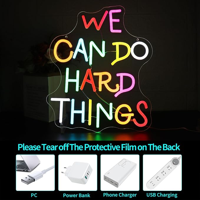 Neon Sign - HSJNJKFU We Can Do Hard Things Neon Signs for Wall Decor Led Light up Signs for Classroom, Office, Party, Bedroom, Room Home Decor, Led Sign USB Powered