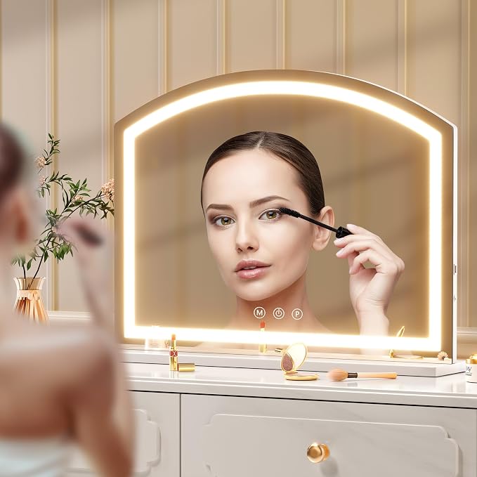 Hasipu 38" x26” Arch Vanity Mirror with LED Lights - Makeup Mirror with 10X Magnification, USB Charging Port & 3 Dimmable Color Modes