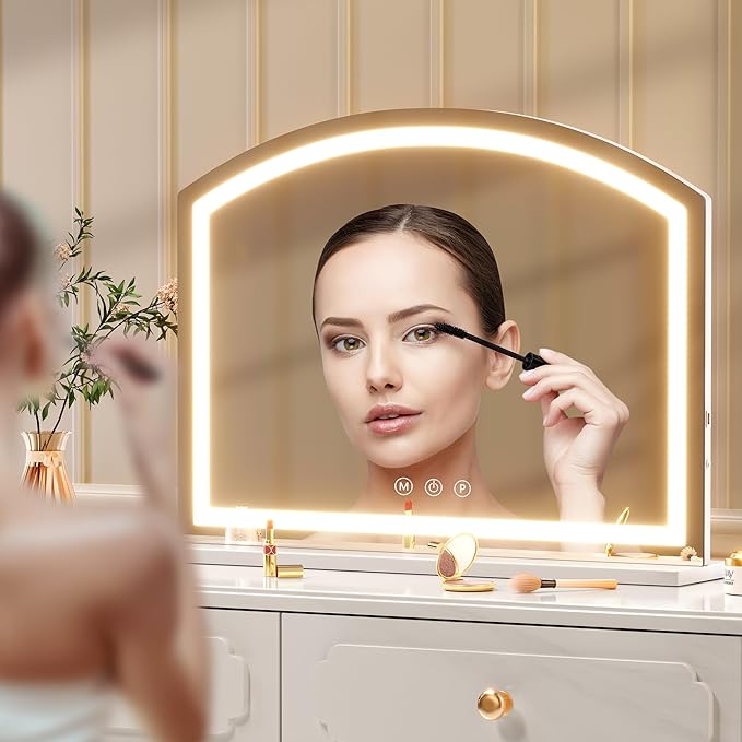 Hasipu Arch Vanity Mirror with Light, 28"x22" Arched Led Makeup Mirror with 10X Magnification, Tabletop Desk Mirrors with USB Charging Port, Dimmable 3 Colors Mode