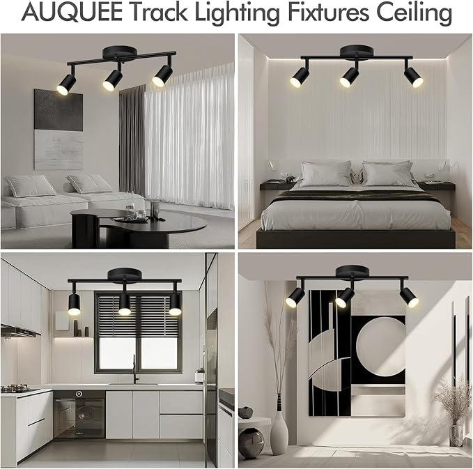 3 Light Track Lighting Fixtures Ceiling, 12W/2700K Black Track Lighting with Acrylic Lampshade & Rotatable Light Heads, 20000hrs Lifespan, Modern LED Track Lights Ceiling for Kitchen/Hallyway