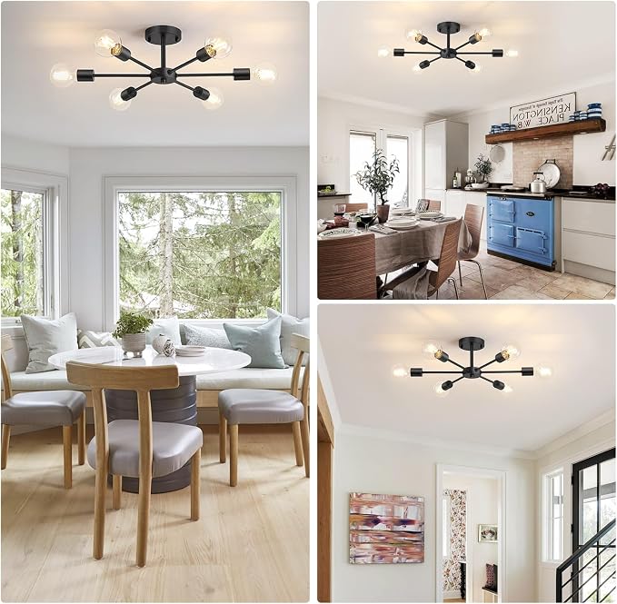 Lomoky 6-Lights Semi Flush Mount Ceiling Light, Matte Black Close to Ceiling Lighting with E26 Base, Modern Sputnik Light Fixtures for Kitchen Dining Room Bedroom Living Room