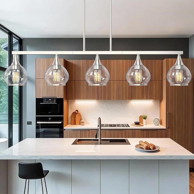 Kitchen Island Linear Pendant Light, 5-Light Brushed Nickeld Dining Room Chandelier with Clear Glass Globe Shades, Modern Linear Lighting Fixture Over Table